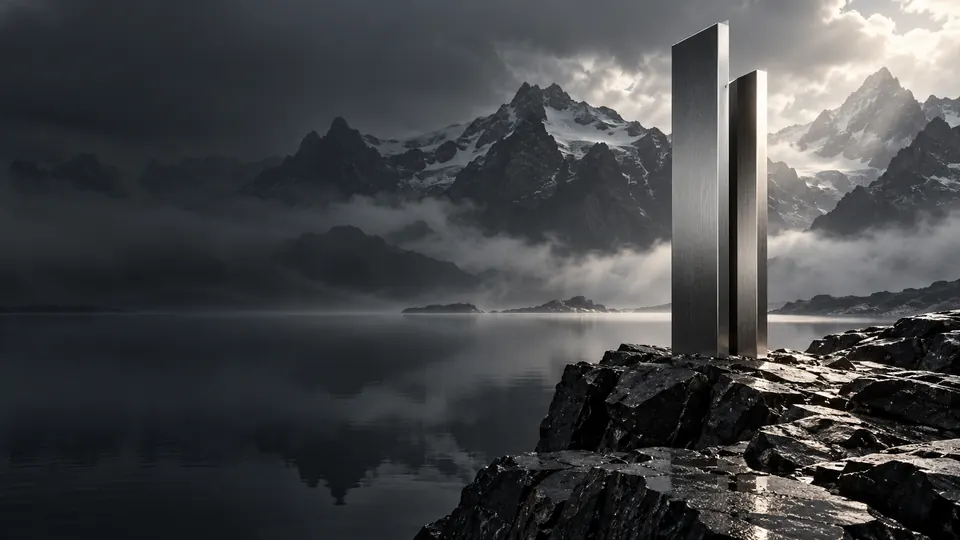 Two steel monoliths on dark rock beside an alpine lake
